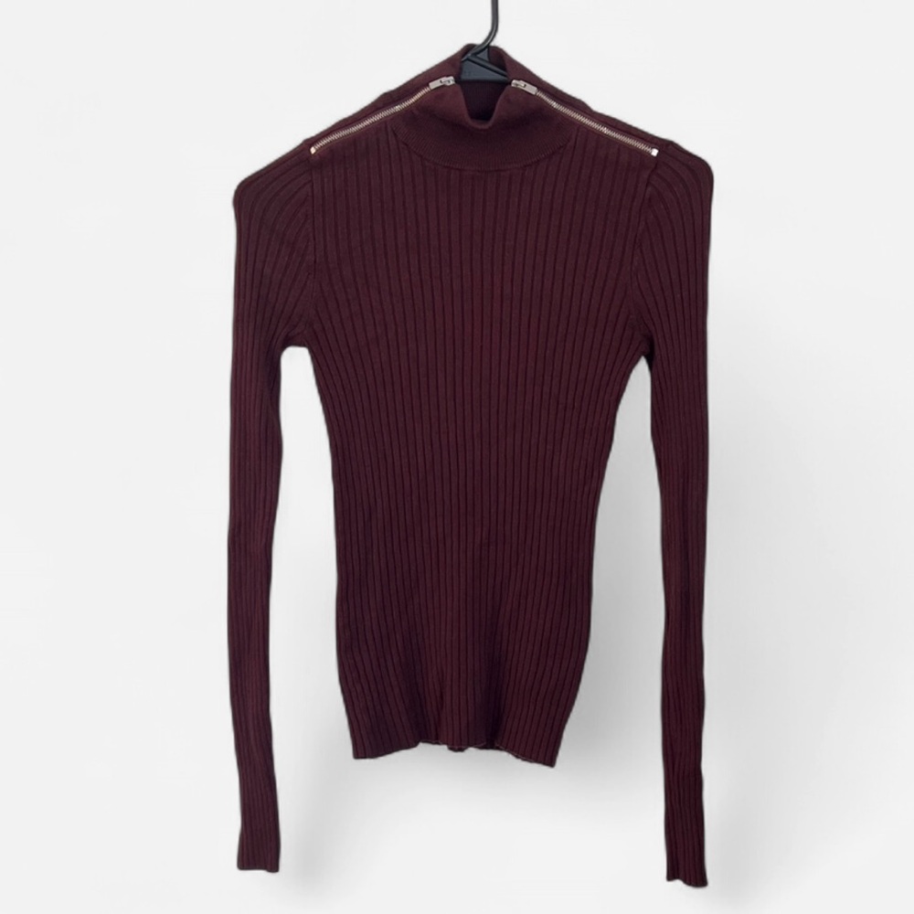 Express Burgundy Ribbed Turtleneck Sweater with Zipper Design, Size XS
